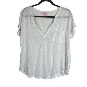 Lilly Pulitzer Solid White 100% Linen Short Sleeve V-Neck Top Size Small